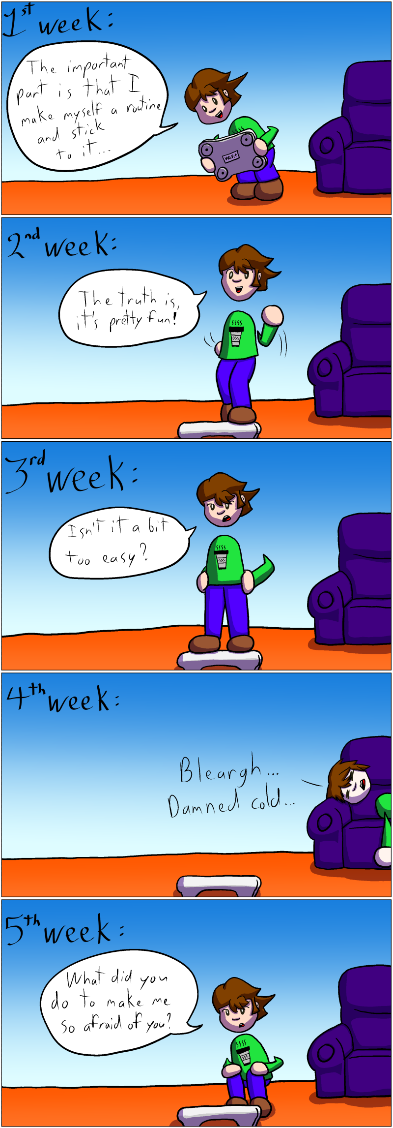 1st week: Michoune puts his Wii Balance Board in place. "The important part is that I make myself a routine and stick to it..." 2nd week: Michoune is working out with his Balance Board. "The truth is, it's pretty fun!" 3rd week: Michoune is standing on the board. "Isn't it a bit too easy?" 4th week: Michoune lays on the couch, sick. "Bleargh... Damned cold..." 5th week: Michoune is sitting besides his board. "What did you do to make me so afraid of you?"